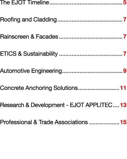 The EJOT Timeline 5 Roofing and Cladding 7 Rainscreen & Facades 7 ETICS & Sustainability 7 Automotive Engineering 9 C   